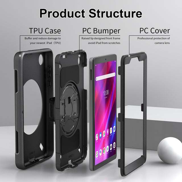 Generic Rugged Lenovo Tab M8 (4th Gen) (8") (TB-300) Case + Screen Protector Black - Built-in-Kickstand, Adjustable Hand Strap, Shoulder Strap