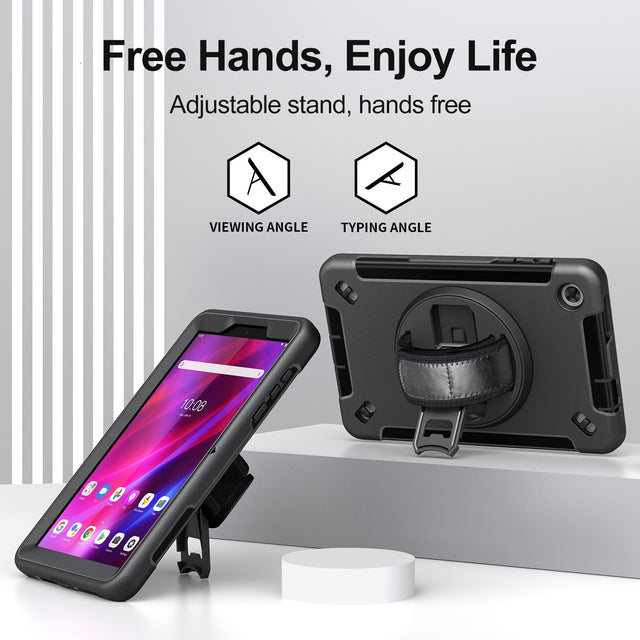 Generic Rugged Lenovo Tab M8 (4th Gen) (8") (TB-300) Case + Screen Protector Black - Built-in-Kickstand, Adjustable Hand Strap, Shoulder Strap