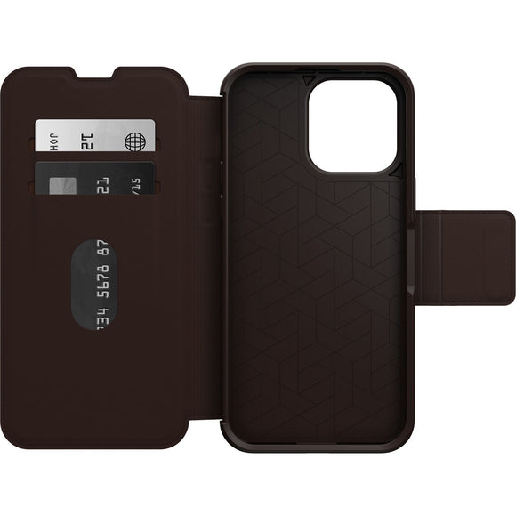 OtterBox Strada Apple iPhone 14 Pro Max Case Brown - (77-88568), DROP+ 3X Military Standard, Leather Folio Cover, Card Holder, Raised Edges,Soft T
