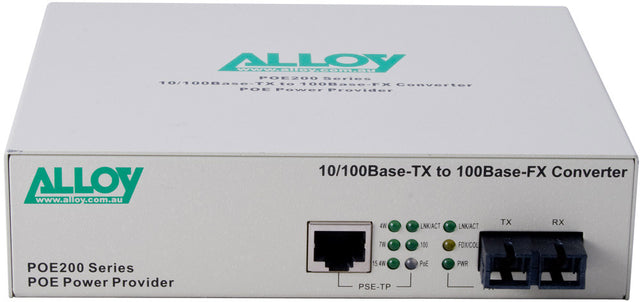 Alloy POE200SC PoE PSE Fast Ethernet Media Converter, has a 10/100Mbps PoE RJ-45 port and a SC terminated multimode fibre port