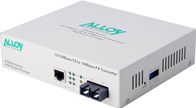 Alloy POE200SC PoE PSE Fast Ethernet Media Converter, has a 10/100Mbps PoE RJ-45 port and a SC terminated multimode fibre port