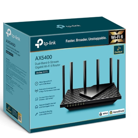 TP-Link *Sale till 21st March* TP-Link ARCHER AX72, AX5400 Dual Band Wi-Fi  Router, 6xAntenna, 1xUSB3.0, 5GHz: 4804 Mbps+2.4GHz: 574 Mbps, 1 Year Warranty