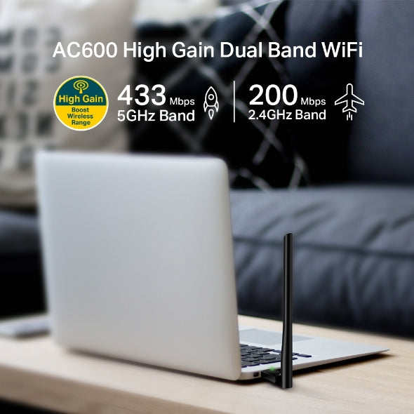 TP-Link Archer T2U Plus AC600 High Gain Wi-Fi Dual Band USB Adapter,433Mbps at 5GHz + 200Mbps at 2.4GHz, USB 2.0, 1 high gain antenna