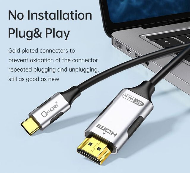 Oxhorn USB C to HDMI 2.0 2m cable 4K@60Hz Aluminum plugs black Support HDCP 1.4 HDCP 2.2 Thunderbolt 3/4 LPCM compatible Windows/Mac/Chromebooks