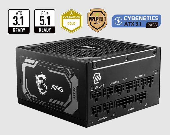 MSI MAG A1000GL PCIE5, MPG Series, 1000W, 80 Plus Gold, Fully Modular, Fan: 135mm, ATX, 7 Year Warranty