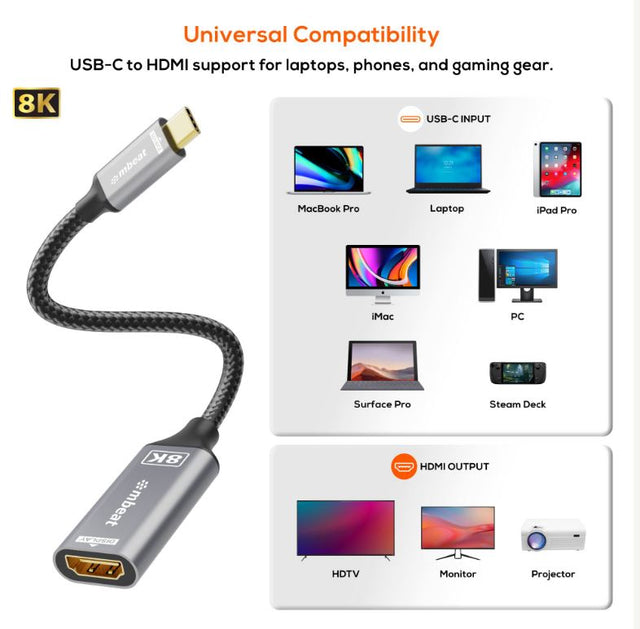mbeat Tough Link 8K USB-C to HDMI Adapter - Space Grey Up to 48Gbps (HDMI 2.1) Up to 8K (7680 x 4320) @60Hz