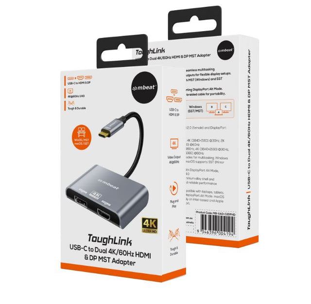 mbeat Tough Link USB-C to DP&HDMI Dual 4K/60Hz MST Adapter 4K (3840x2160) @ 60Hz, 4K (3840x2160) @ 30Hz, 2K (2560x1440) @ 60Hz - Space Grey