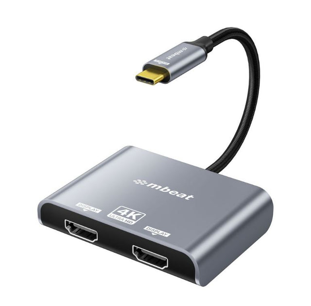 mbeat Tough Link USB-C to Dual 4K/60Hz HDMI MST Adapter 4K (3840x2160) @ 60Hz, 4K (3840x2160) @ 30Hz, 2K (2560x1440) @ 60Hz- Space Grey
