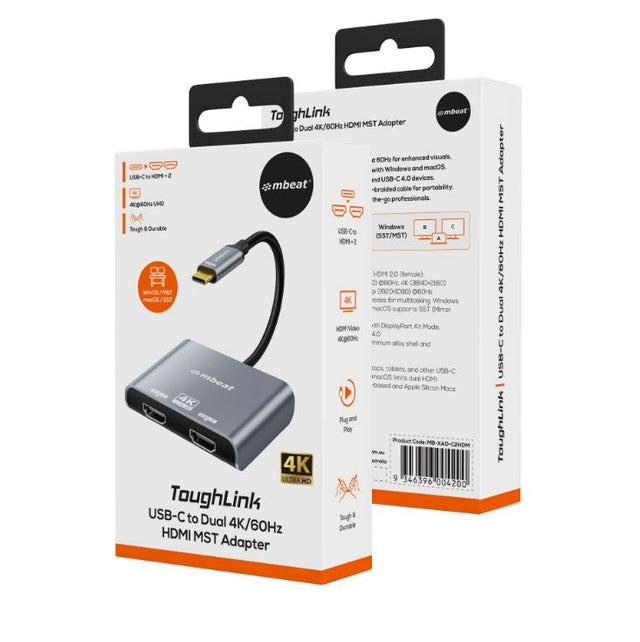 mbeat Tough Link USB-C to Dual 4K/60Hz HDMI MST Adapter 4K (3840x2160) @ 60Hz, 4K (3840x2160) @ 30Hz, 2K (2560x1440) @ 60Hz- Space Grey