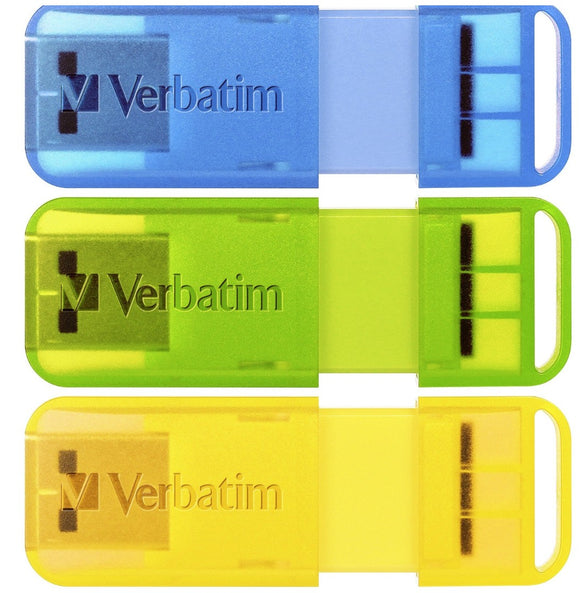 Verbatim Pop-Up 32GB USB 2.0 Triple Pack - Assorted Bright Colours, Blue, Green, Yellow