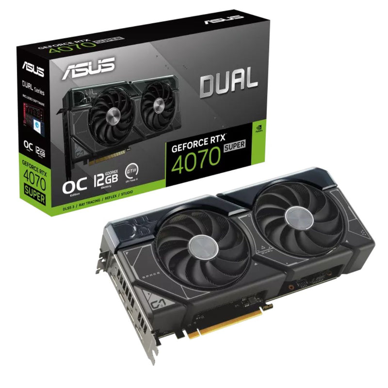 ASUS nVidia GeForce DUAL-RTX4070S-O12G-EVO RTX4070 SUPER EVO OC Edition 12GB GDDR6X 2520 MHz Boost Clock, RAM 21Gbps, 3xDP, 1xHDMI