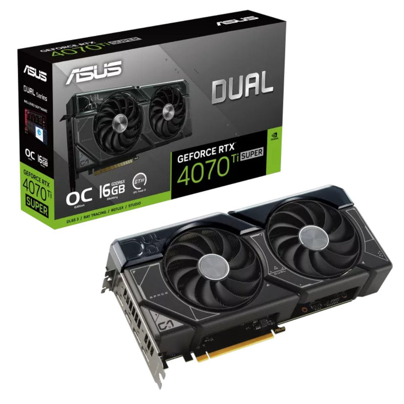 ASUS nVidia GeForce DUAL-RTX4070TIS-O16G RTX 4070 Ti SUPER OC Edition 16GB GDDR6X 2625 MHz Boost Clock, RAM 21 Gbps, 3xDP, 1xHDMI