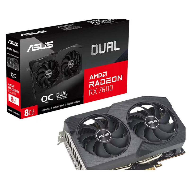 ASUS AMD Radeon DUAL-RX7600-O8G-V2 RX7600 V2 OC Edition 8GB GDDR6, 2695 MHz Boost Clock, RAM 18 Gbps, 3xDP, 1xHDMI, 205x128x49mm