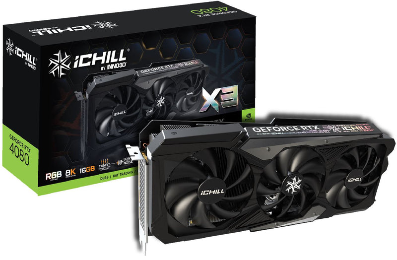 INNO3D nVidia GeForce RTX 4080 GPU iCHILL X3 16GB GDDR6X, 2565MHz Boost Clock, RAM 22.4Gbps. 3xDP, 1xHDMI, 334x148x62mm