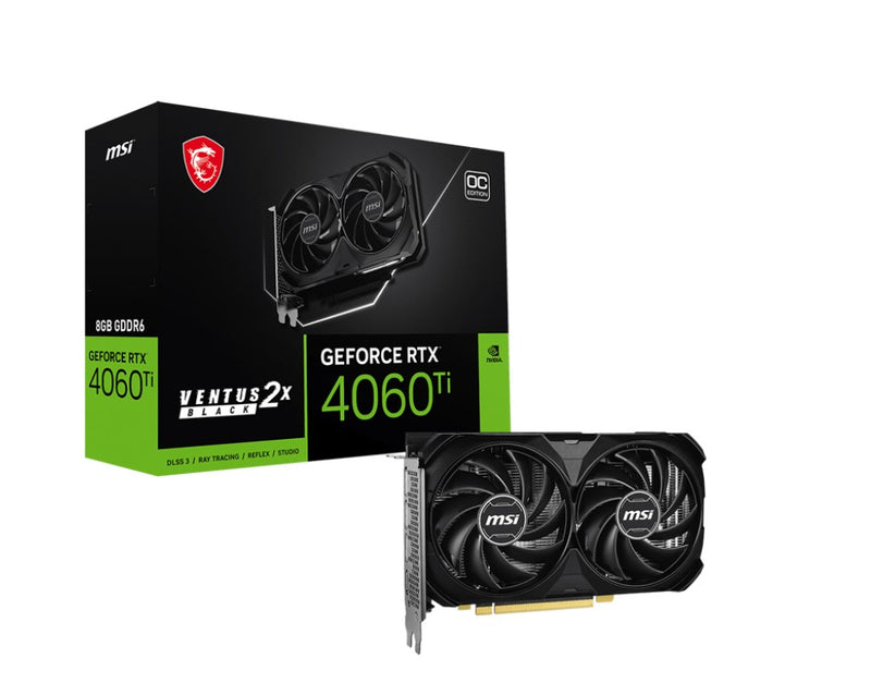 MSI nVidia GeForce RTX™ 4060 Ti 8G VENTUS 2X BLACK E1 OC Video Card  2580 MHz Boost Clock, 8GB GDDR6,DisplayPort x 3 (v1.4a),HDMI x 1