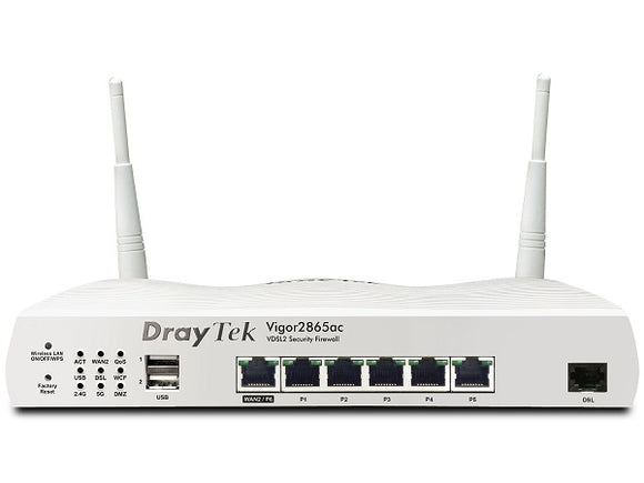 Draytek DV2865AC, Vigor2865ac, Dual-WAN VPN Firewall Router, 1x GbE WAN/LAN, and 3G/4G USB WAN port, 5x GbE LANs, MIMO, Wireless AC, 2x USB 2.0, 1 Year Warranty