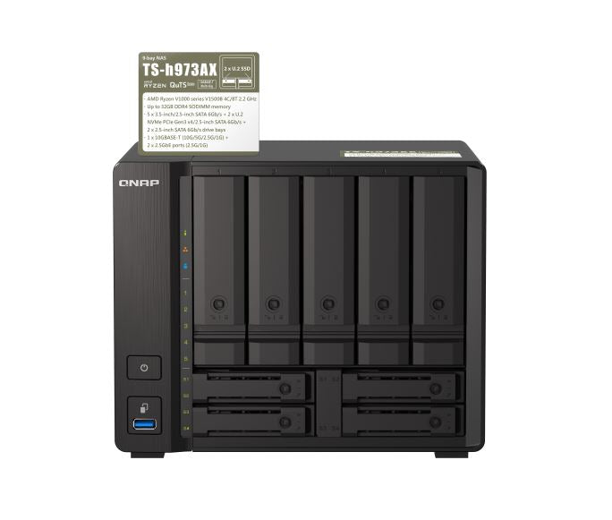 Qnap TS-h973AX 9-Bay NAS AMD Ryzen™ Embedded V1500B quad-core eight threads 2.2 GHz processor 8G Hot-swappable 2 x2.5GbE 1x10GBASE-T 4xUSB3.2 3YR WTY