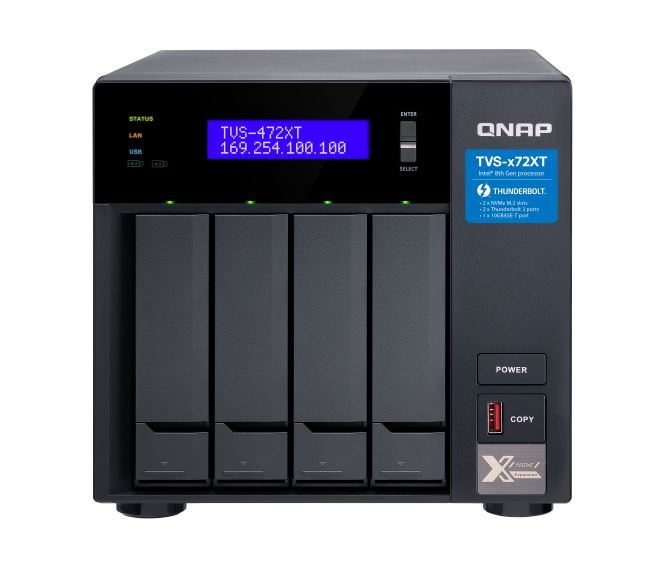 QNAP TVS-472XT-I3-4G 4Bay NAS Intel I3 4GB DDR4 2xSlot 2Xm.2 2280 PCle Hot-swappable 2xGbE 1x10GBASE-T WOL 2xThunderbolt Port 2xPCle 2xUSB3.2yr WTY