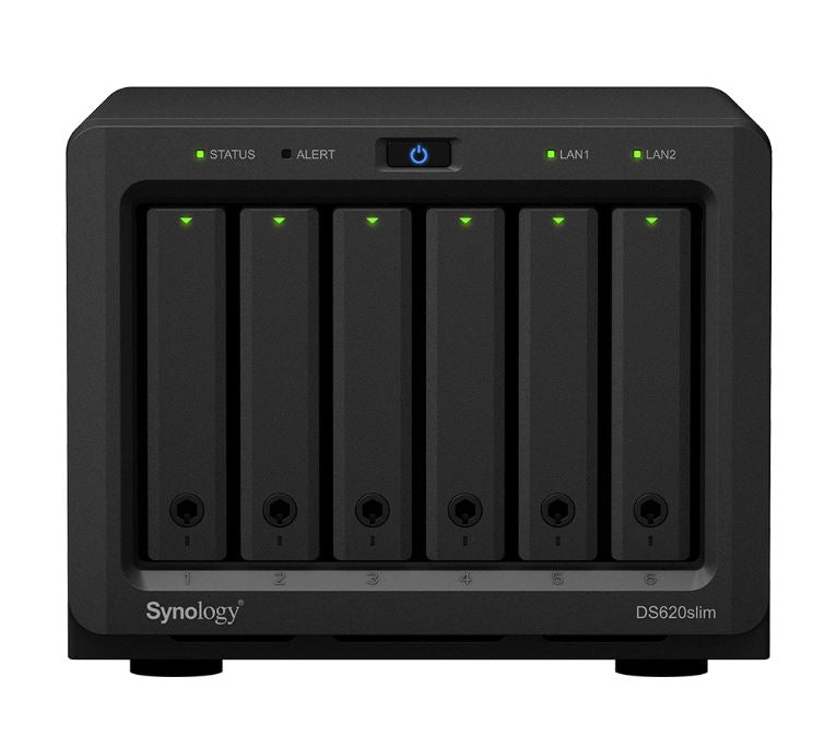 Synology DiskStation DS620 slim 6 Bay NAS Intel Celeron J3355  2-core 2.0 2GB DDR3L non-ECC SODIMM Hot Swappable 2xRJ-45 1GbE LAN 2xUSB 3.0 2 yrs wty