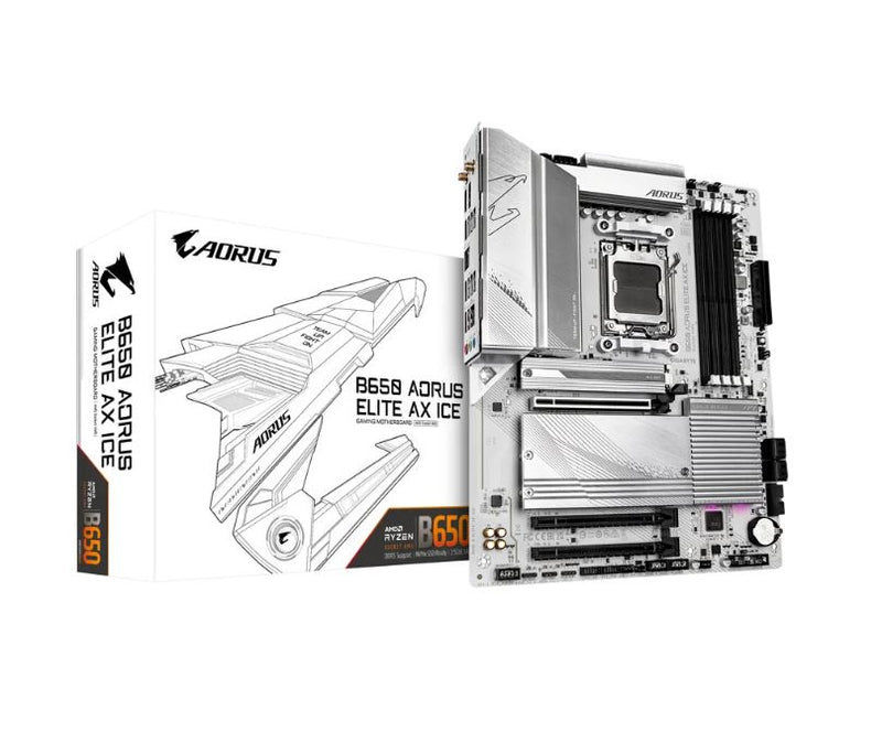 Gigabyte B650 AORUS ELITE AX ICE AMD B650 AM5 ATX Motherboard 4x DDR5~192GB,3x PCIe x16, 3x M.2, 4x SATA 6, 2x USB 3.2, 1x USB-C, 2x USB 2.0