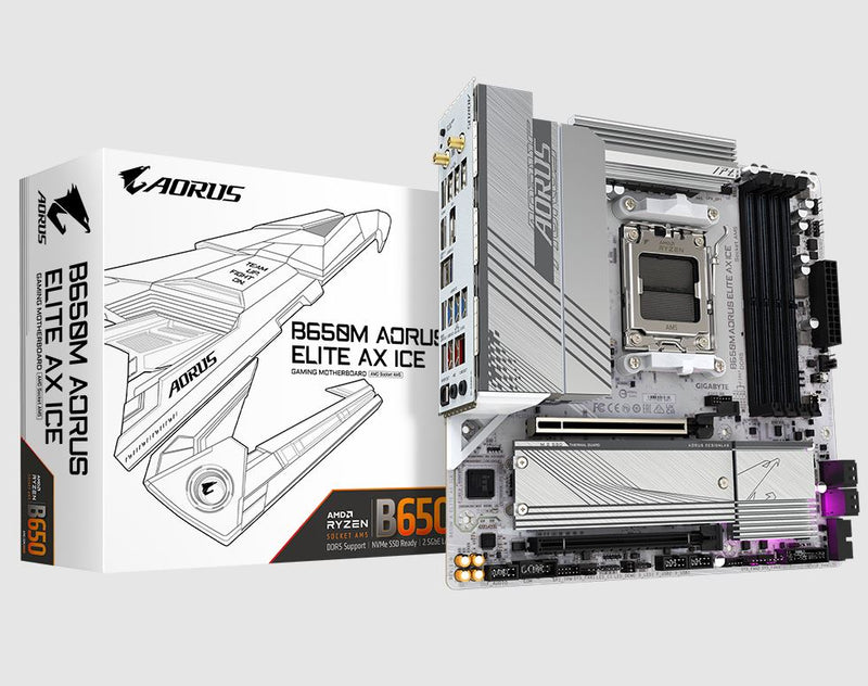 Gigabyte B650M AORUS ELITE AX ICE AMD B650 AM5 ATX Motherboard 4x DDR5~192GB,3x PCIe x16, 3x M.2, 4x SATA 6, 2x USB 3.2, 1x USB-C, 2x USB 2.0