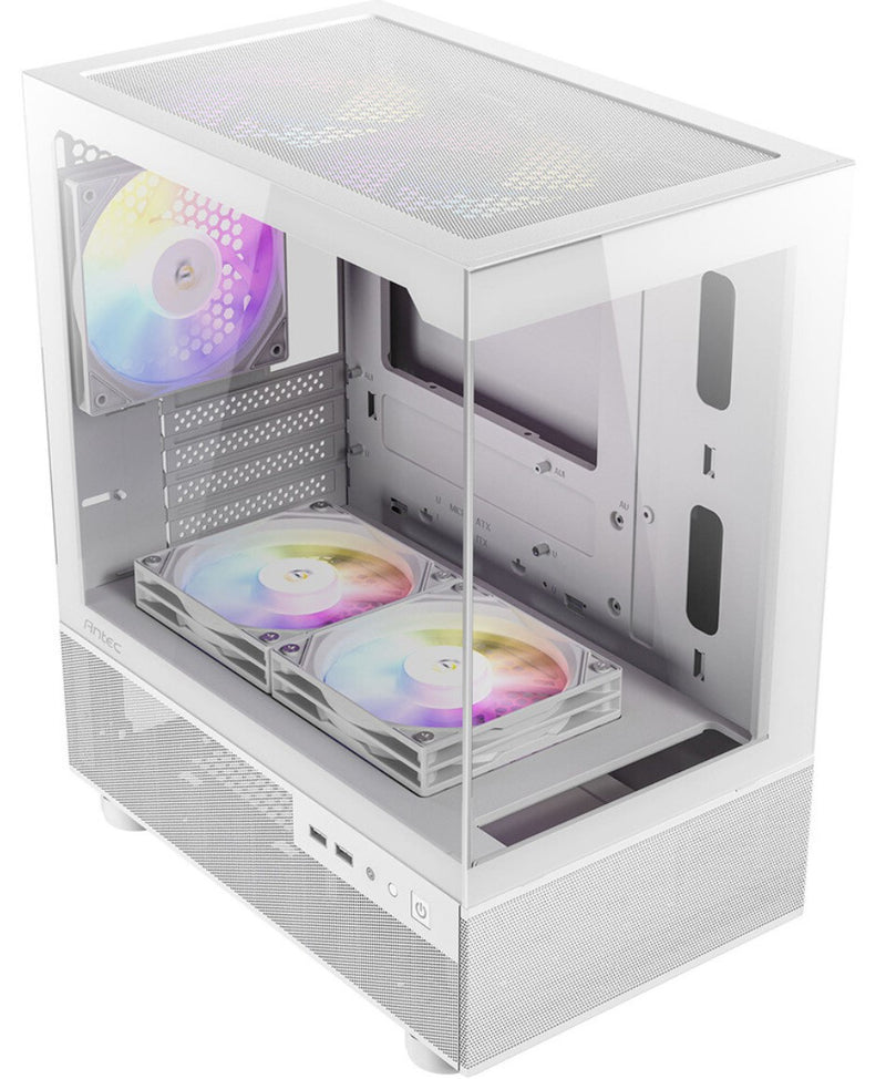 Antec CX200M RGB Elite, mATX, 270 degrees view, USB 3.0 x 2, Audio I/O Bottom. Mesh front and bottom. Clear Glass View, 5x RGB Fans. White Gaming Case