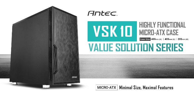 (LS) Antec VSK10 mATX Case. 2x USB 3.0 Thermally Advanced Builder's Case. 1x 120mm Fan preinstalled. GPU 350mm, PSU & CPU 160mm, Two Years Wty (LS)