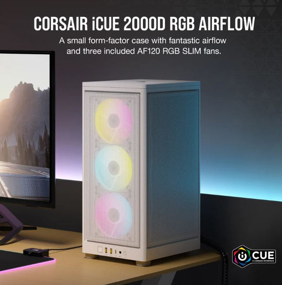 Corsair iCUE 2000D RGB AIRFLOW, Mesh Panels, USB-C, ICUE, 3x AF120 RGB Slim Fans, Mini ITX Tower - White. Case