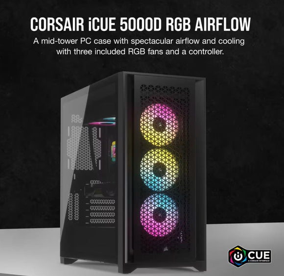 Corsair iCUE 5000D RGB High Airflow, 3x AF120 RGB Elite Fan, Lighting Node Pro Controller, Tempered Glass Mid-Tower, Black Gaming Case