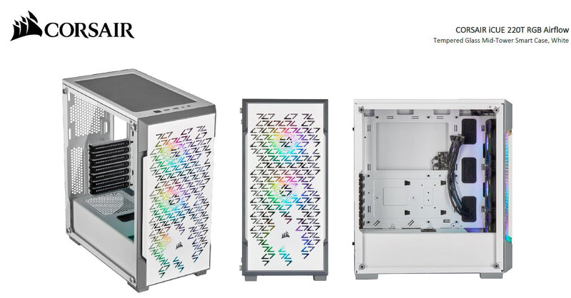 Corsair iCUE 220T RGB Airflow Smart ATX, mATX, Mini-ITX Case - 3x SP120 Fan, Lighting Node Core,White. 2 Years Warranty (LS)