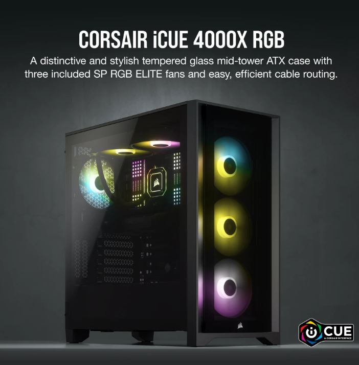 Corsair Carbide Series 4000X RGB E-ATX, ATX, Tempered Glass Front & Side. Black,3x 120mm RGB Fans w/ Node core. USB 3.0 and Type-C x 1, PCI 7+2, Case