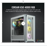 Corsair Carbide Series 4000X RGB E-ATX, ATX, Tempered Glass Front & Side. White,3x 120mm RGB Fans pre-installed. USB 3.0 and Type-C x 1. PCI 7+2, Case