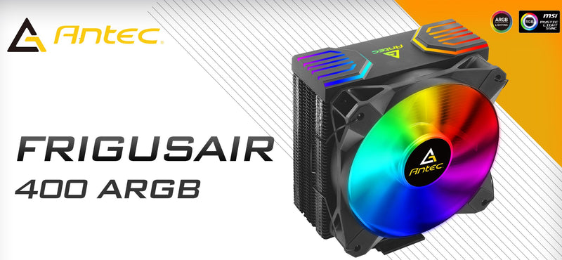 Antec FrigusAir A400 ARGB, 77 CFM, Silent RGB 12CM PWM Fan with controller, Direct Heat-Pipes, Intel 1700, 2066, 115x, AM 3/4+, AM5 CPU Air Cooler