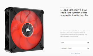 Corsair ML ELITE Series, ML120 LED ELITE, 120mm Magnetic Levitation Red LED Fan with AirGuide, Single Pack (LS)