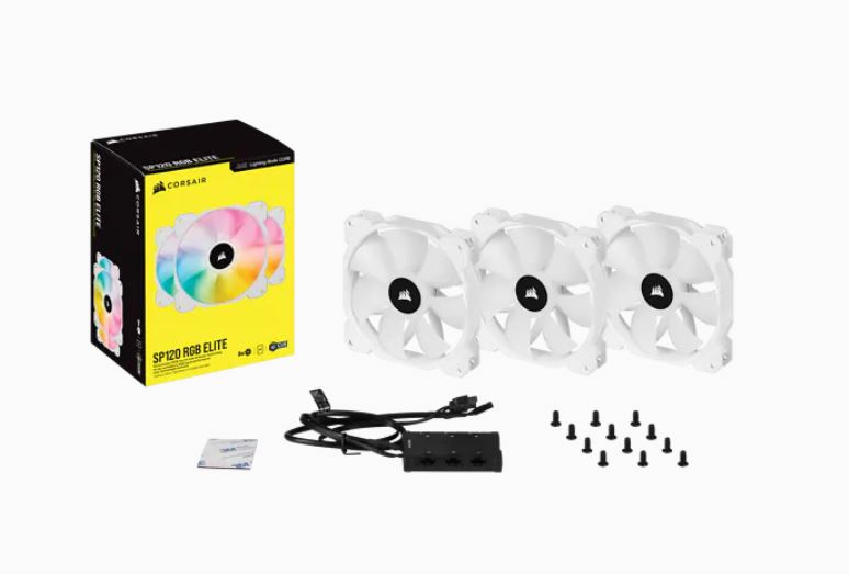 Corsair White SP120 RGB ELITE, 120mm RGB LED PWM Fan with AirGuide, Triple Pack with Lighting Node CORE (LS)