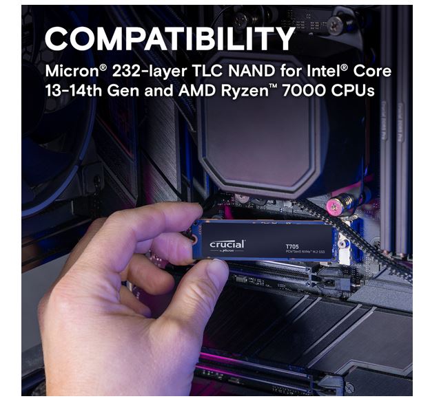 Micron (Crucial) Crucial T705 2TB Gen5 NVMe SSD - 14500/12700 MB/s R/W 1200TBW 1550K IOPs 1.5M hrs MTTF DirectStorage for Intel 14th Gen & AMD Ryzen 7000