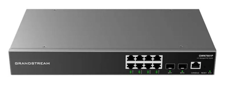 Grandstream IPG-GWN7811 Layer 3 network switch with 8 RJ45 Gigabit Ethernet ports for copper plus two 10 Gigabit SFP+ ports for fiber