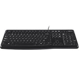 Logitech K120 Wired Keyboard Quiet typing Spill-resistant Durable keys Thin profile Curved space bar Adjustable tilt legs