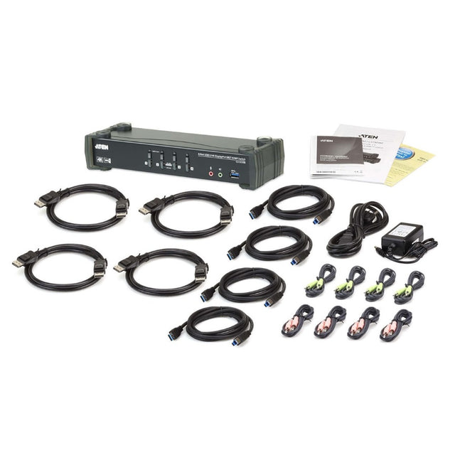 Aten Desktop KVMP Switch 4 Port Single to Dual Display 4k DisplayPort MST w/ audio, Cables Included, 2x USB Port, Selection Via Front Panel