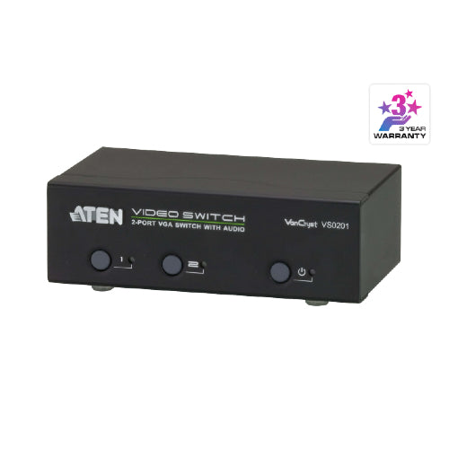 Aten VS0201 2-Port VGA/Audio Switch Displays the video output of two computers on a single monitor or projector