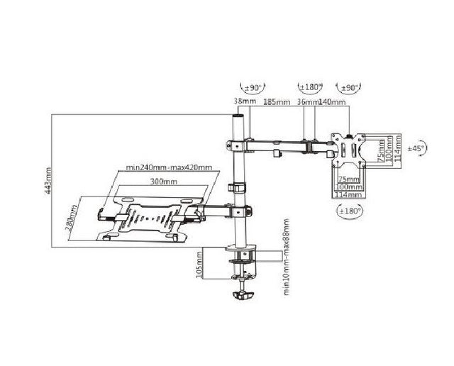 Brateck Economical Double Joint Articulating Steel Monitor Arm with Laptop Holder Fit Most 13"-32" Monitors, Up to 8kg/Screen VESA 75x75/100x1009 (LS)
