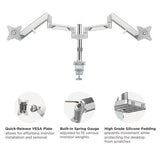 Brateck Dual Monitors Pole-Mounted Epic Gas Spring Aluminum Monitor Arm Fit Most 17"-32" Monitors, Up to 9kg per screen VESA 75x75/100x100 Gloss Grey