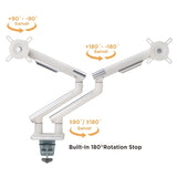 Brateck Dual Monitor Premium Slim Aluminum Spring-Assisted Monitor Arm Fix Most 17"-32" Monitor Up to 9kg per screen VESA 75x75/100x100 (White)