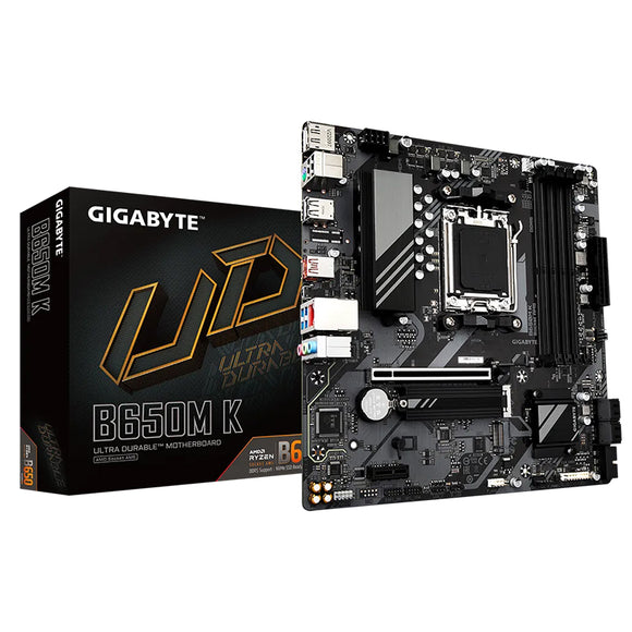 Gigabyte B650M K m-ATX Motherboard 4x DDR5~128GB,1x PCIe x16, 1x PCIe x1 ,2x M.2, 4x SATA 6, 3x USB 3.2, 1x USB-C, 4x USB 2.0