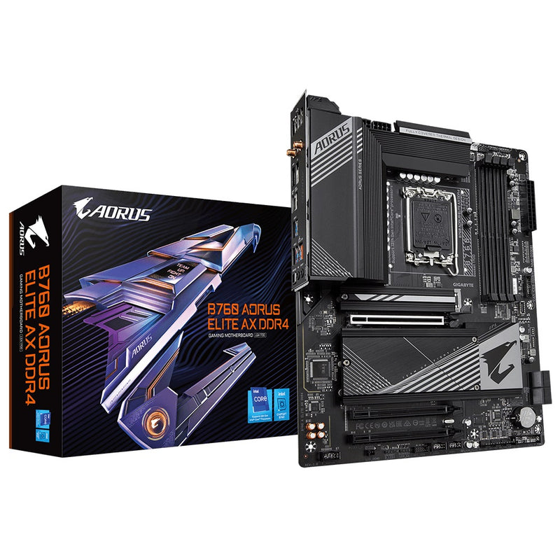 Gigabyte B760 AORUS ELITE AX DDR4 Intel LGA 1700 ATX Motherboard, 4x DDR4 ~128GB, 3x PCI-E x16, 3x M.2, 4x SATA,  5x USB 3.2, 1x USB-C, 4x USB 2.0