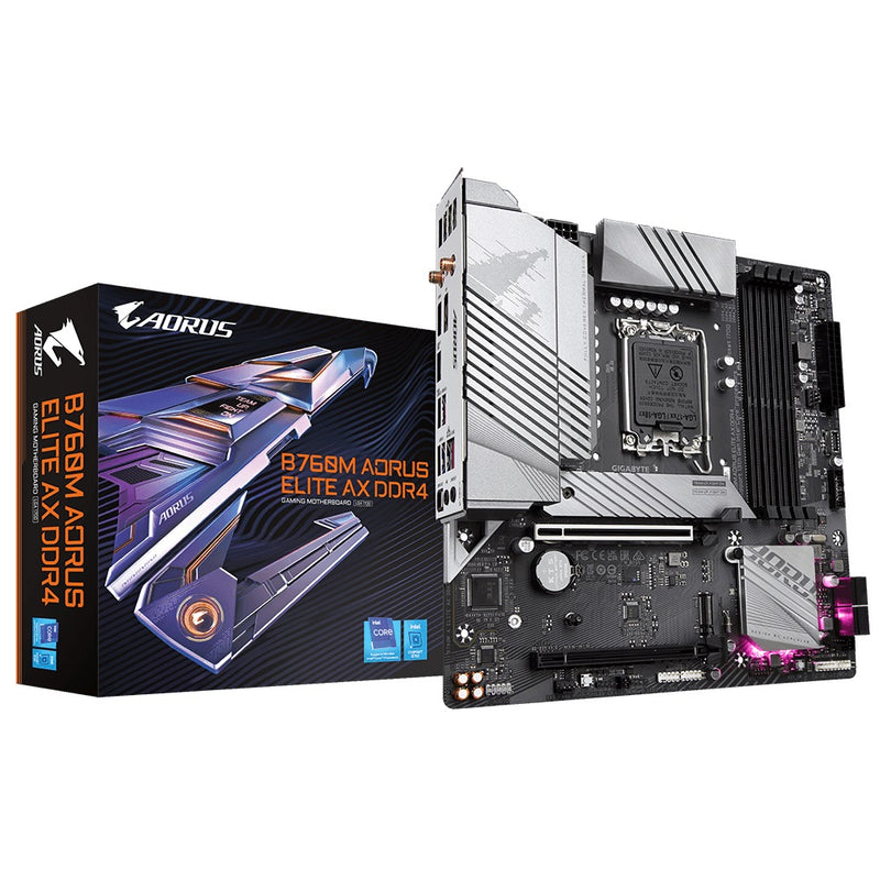 Gigabyte B760M AORUS ELITE AX DDR4 Intel LGA 1700 m-ATX Motherboard, 4x DDR4 ~128GB, 2x PCI-E x16, 2x M.2, 4x SATA,  4x USB 3.2, 1x USB-C, 4x USB 2.0