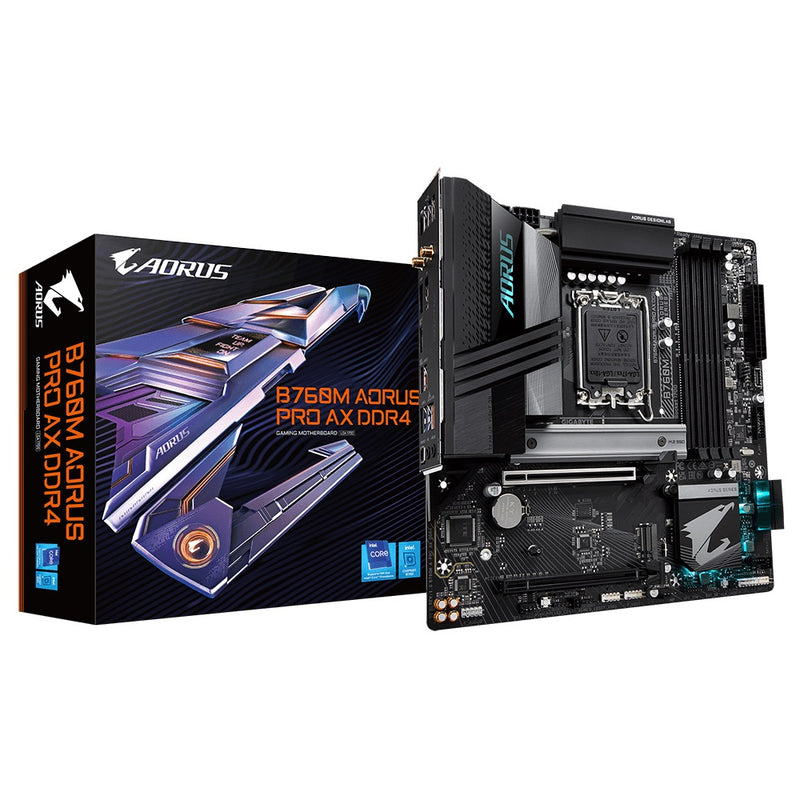 Gigabyte B760M AORUS PRO AX DDR4 Intel LGA 1700 m-ATX Motherboard, 4x DDR4 ~128GB, 2x PCI-E x16, 2x M.2, 4x SATA,  4x USB 3.2, 1x USB-C, 4x USB 2.0