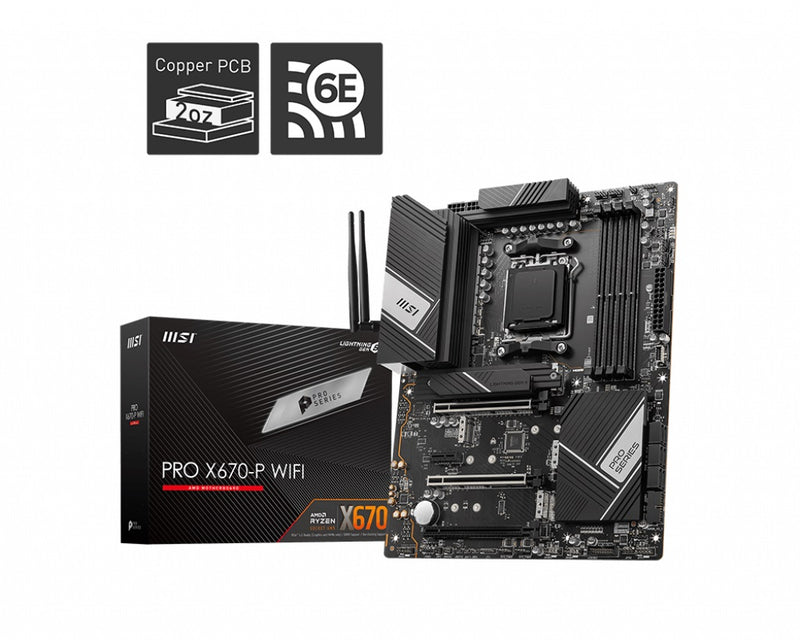 MSI PRO X670-P WIFI AMD AM5 ATX Motherboard, 4x DDR5 ~128GB, 3x PCI-E x16, 1x PCI-E x1, 4x M.2, 6x SATA, 4x USB2.0, 13x USB 3.2 (LS)