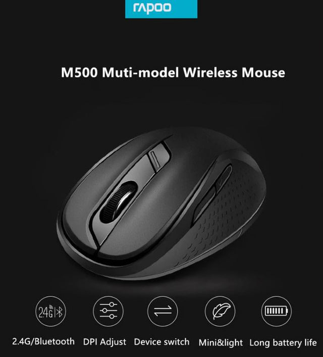RAPOO M500 Multi-Mode, Silent, Bluetooth, 2.4Ghz, 3 device Wireless Optical Mouse - Simultaneously Connect Multiple Devices