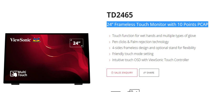 ViewSonic 24” TD2465 10 Points PCAP POS, Retail, Mining. Wet & Multi-Glove high-sensitive Projective Capacitive. Commercial and Industrial monitor